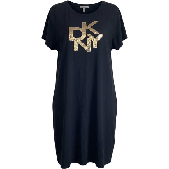 Dkny Dresses & Skirts - DKNY Womens Black Gold Sequin Logo T-Shirt Dress Size 2X Plus Short Sleeve Shift
